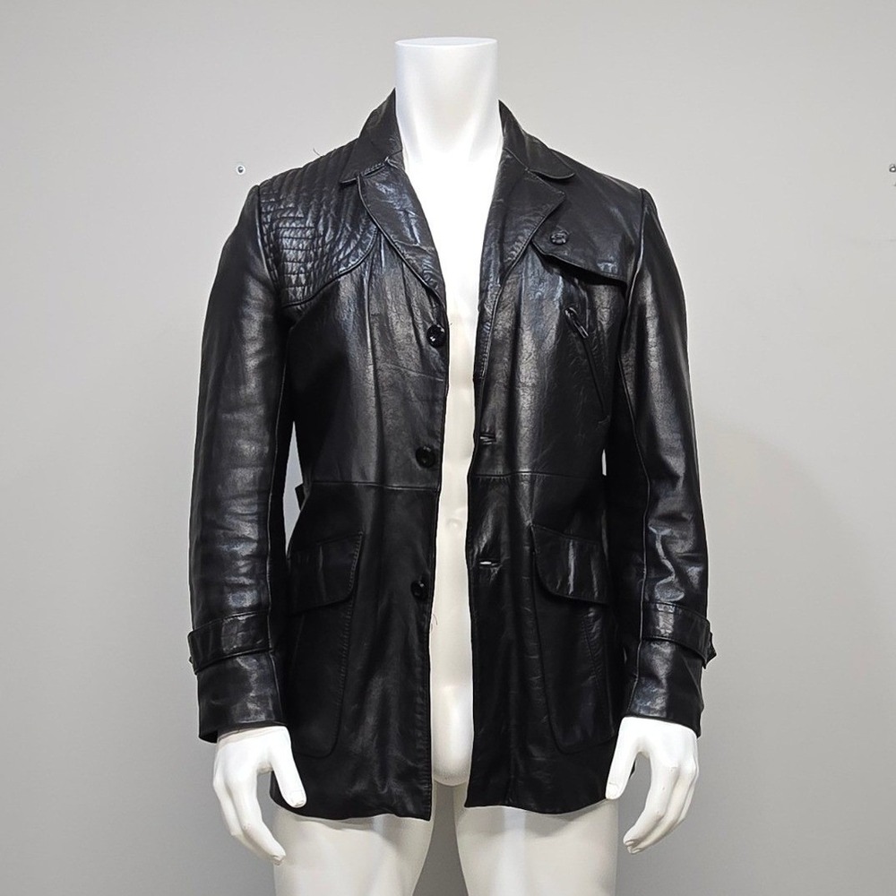Vintage 70s Fantastic International Black Leather Car Coat Men 42 Faux Fur Lined